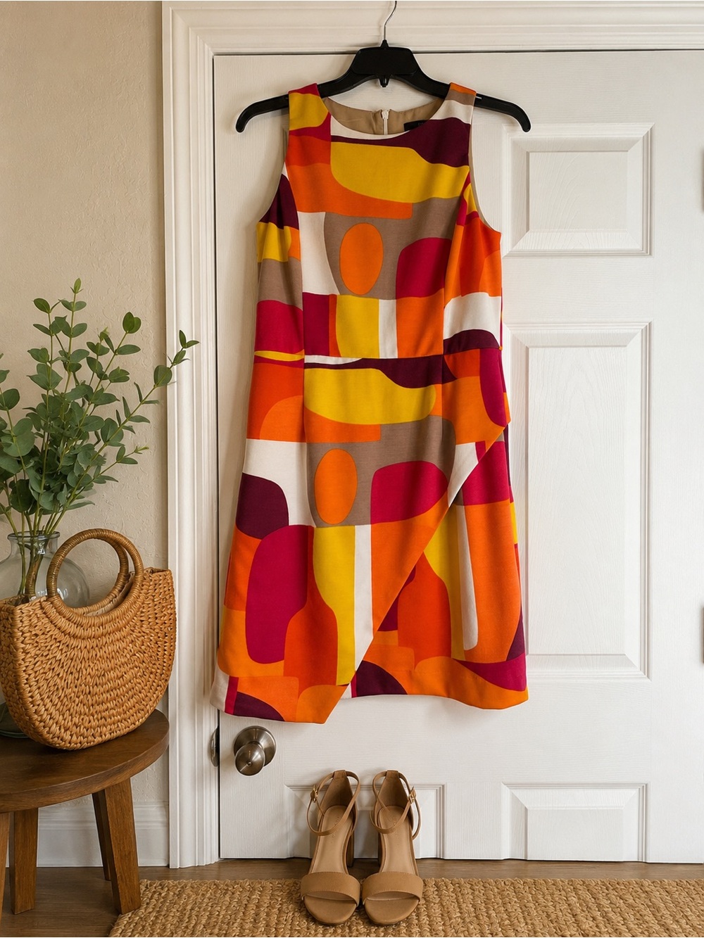 Trina Turk Colorblock Sleeveless Midi Dress in Orange, Pink & Yellow